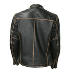 Back view of distressed black leather biker jacket with faded seams and vintage style.