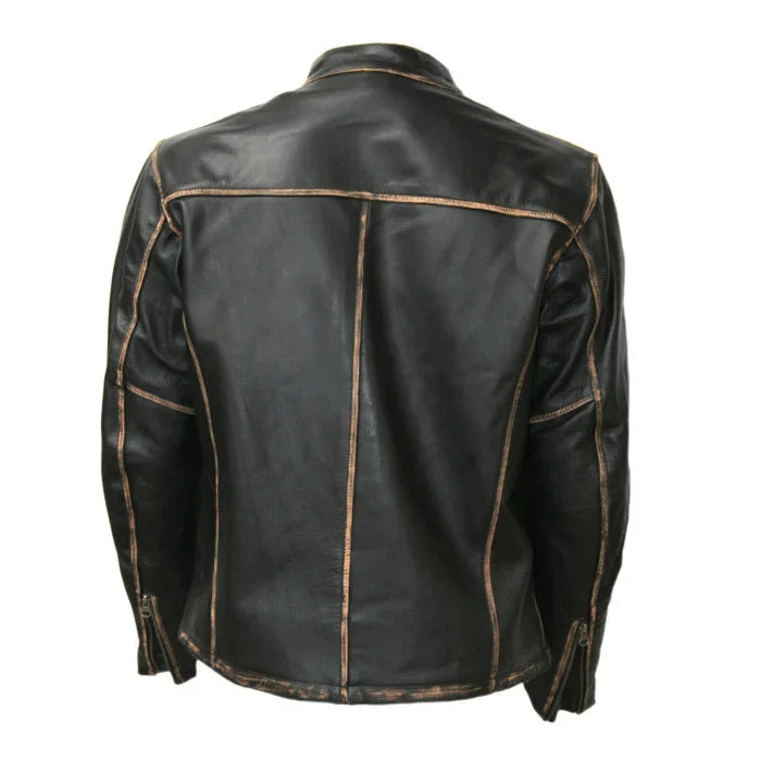 Back view of distressed black leather biker jacket with faded seams and vintage style.