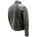 Back view of a distressed leather motorcycle jacket with vintage worn texture