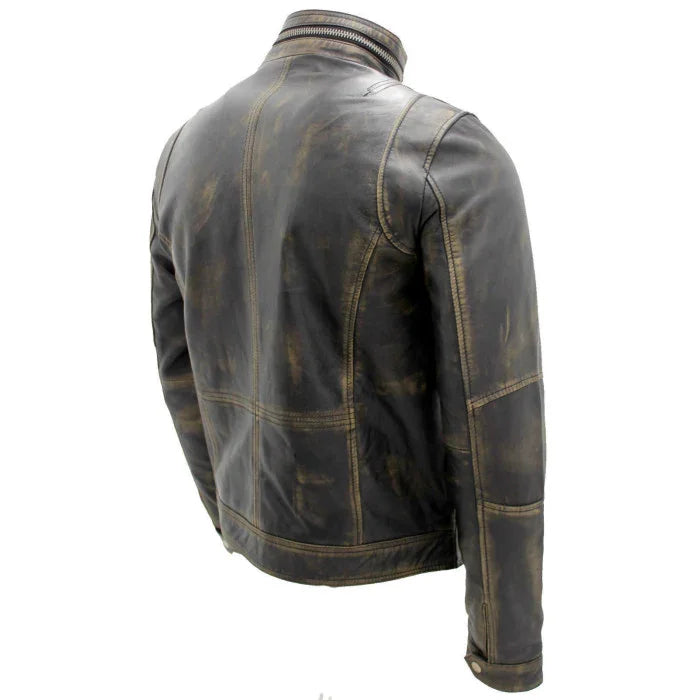 Back view of a distressed leather motorcycle jacket with vintage worn texture