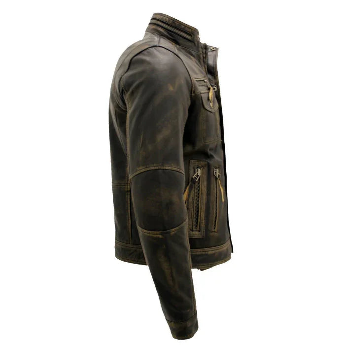 Distressed brown leather biker jacket with zippers, side view, vintage cafe racer style