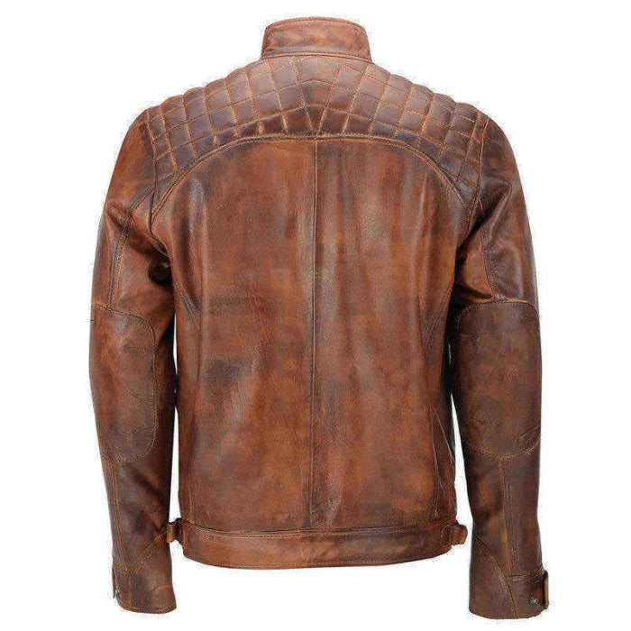 Back view of distressed vintage brown leather biker jacket with quilted shoulders