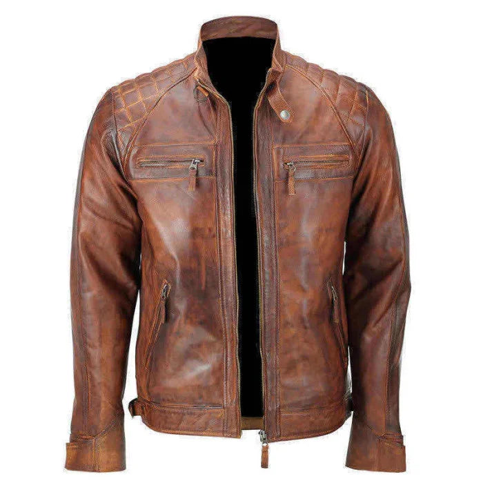 Vintage distressed brown leather biker jacket with quilted shoulder details and zipper pockets