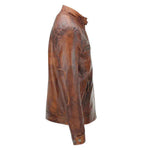 Men's distressed brown leather motorcycle jacket with quilted shoulders, side view