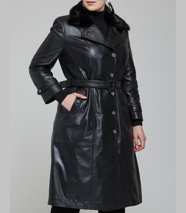 Brenda Black Fur Collar Leather Coat For Women