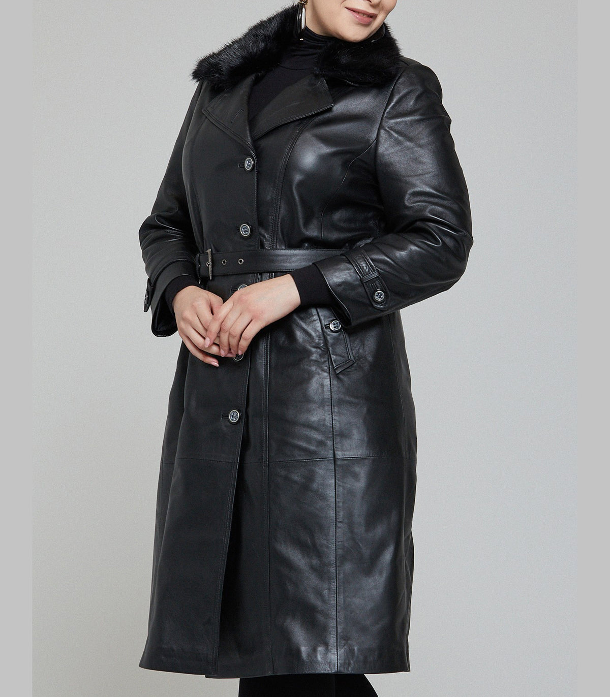 Brenda Black Fur Collar Leather Coat For Women