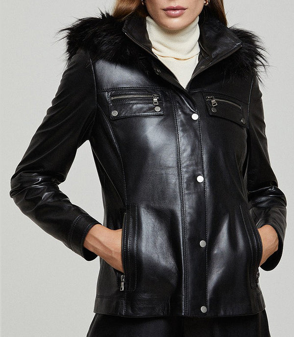 Black Edith Fur Hood Leather Jacket For Women
