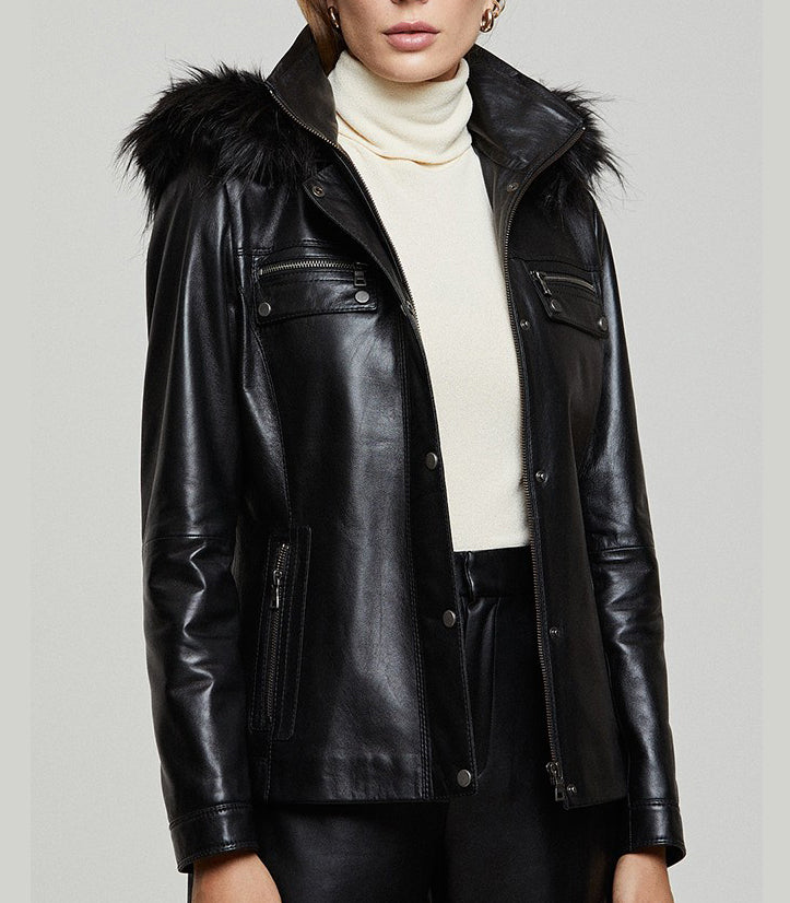 Black Edith Fur Hood Leather Jacket For Women