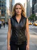 Black Quilted Vest Leather With Hood For Women