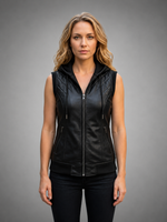 Black Quilted Vest Leather With Hood For Women
