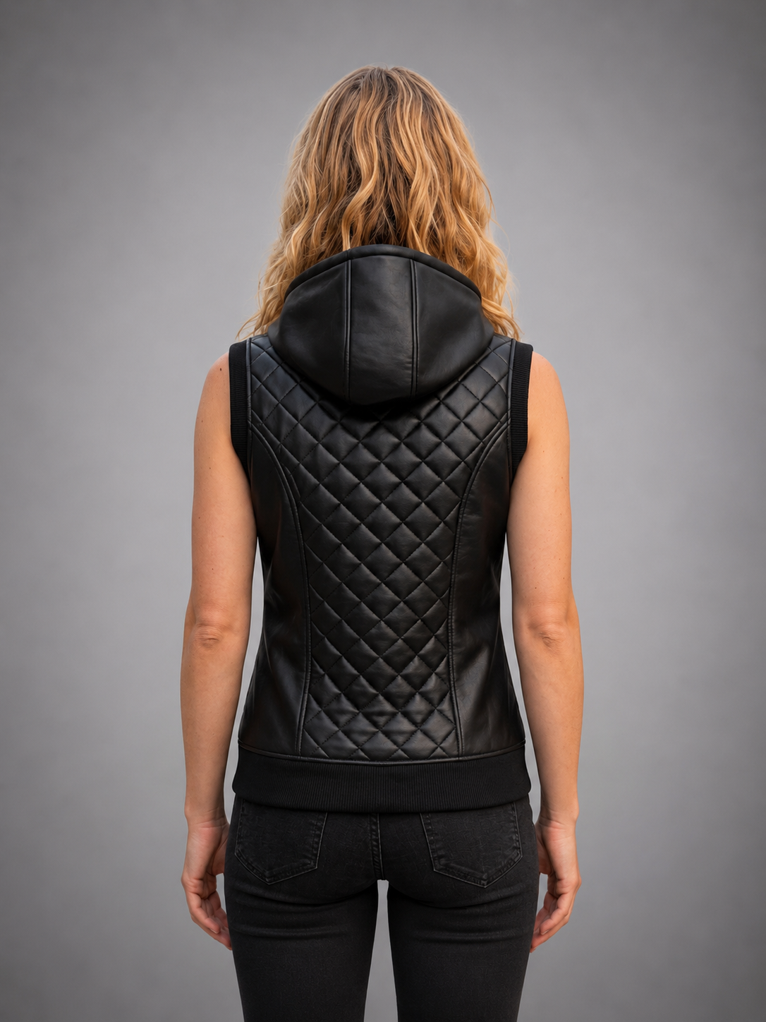 Black Quilted Vest Leather With Hood For Women