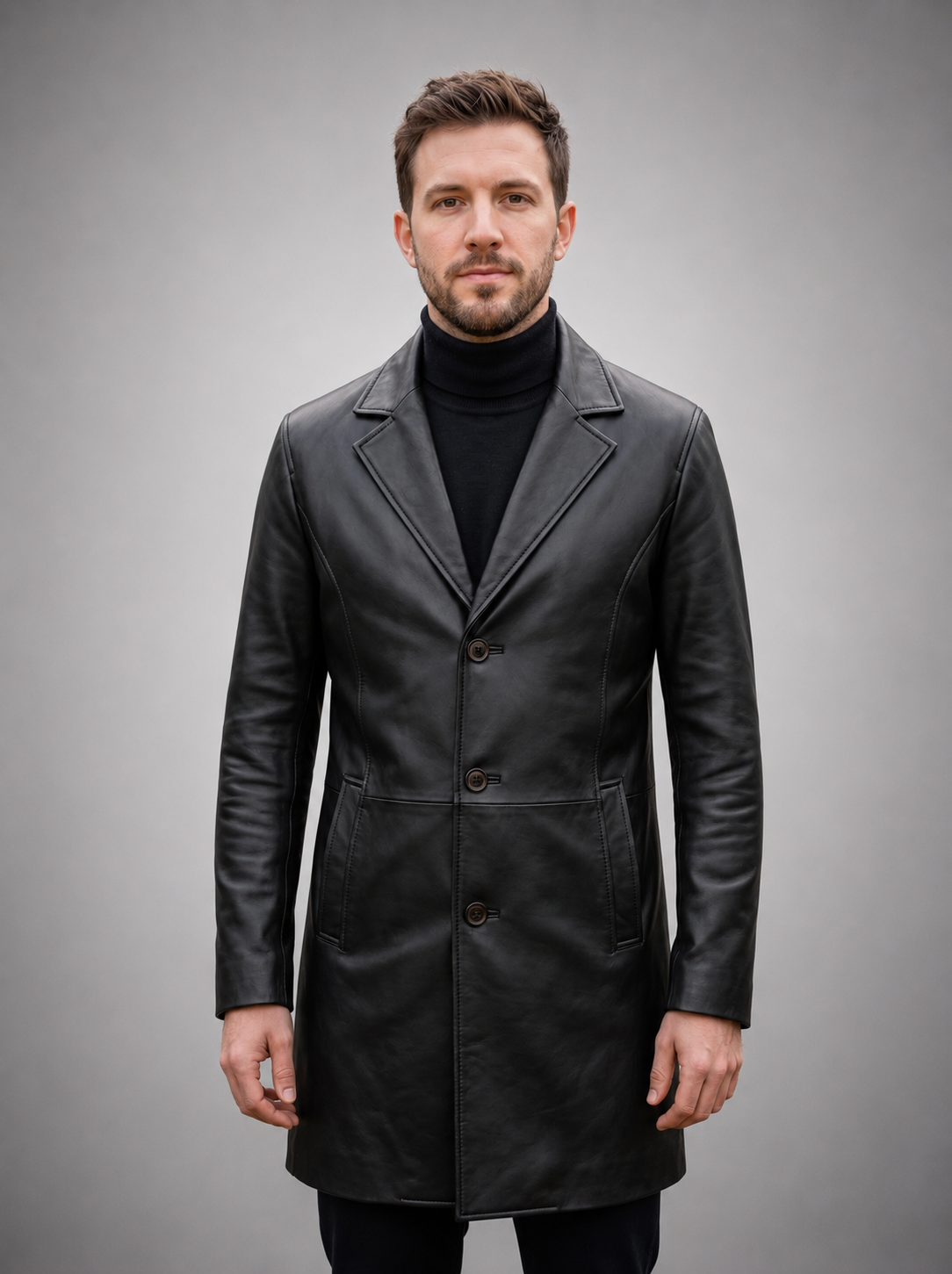 Black Simple Leather Coat For Men