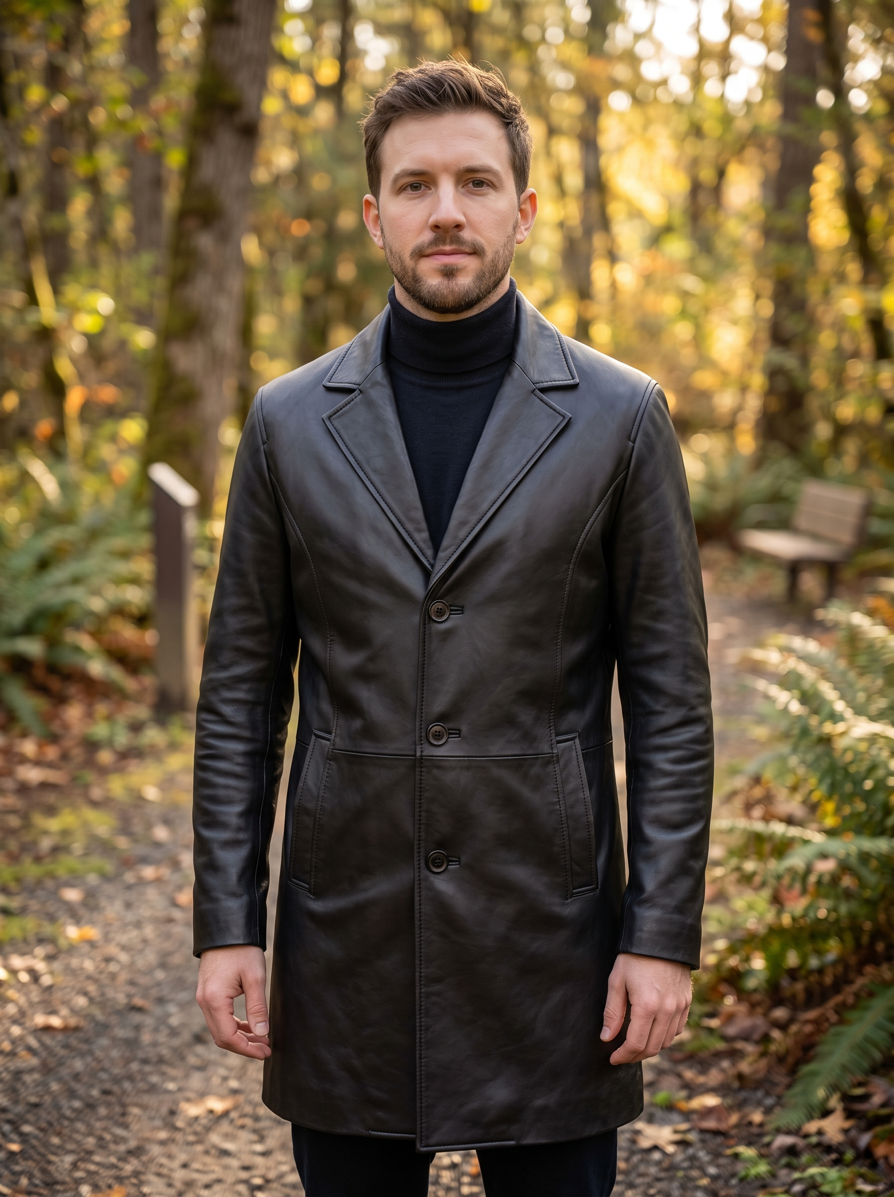 Black Simple Leather Coat For Men
