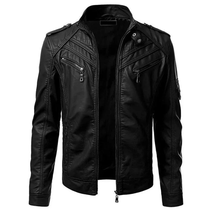 Black slim fit biker leather jacket with zippered pockets and quilted accents