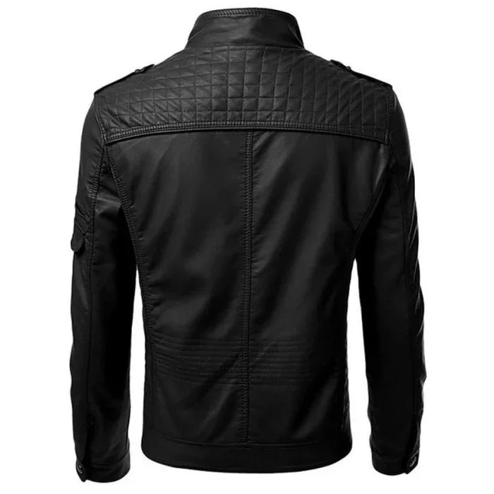 Black slim fit leather biker jacket with quilted shoulders, back view.