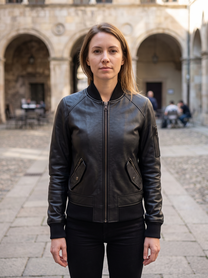 Black Bomber Leather Jacket For Women