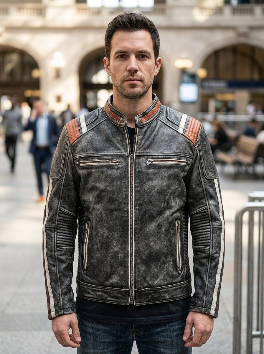Black Distressed Racer Leather Jacket for Men