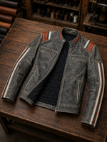 Black Distressed Racer Leather Jacket for Men