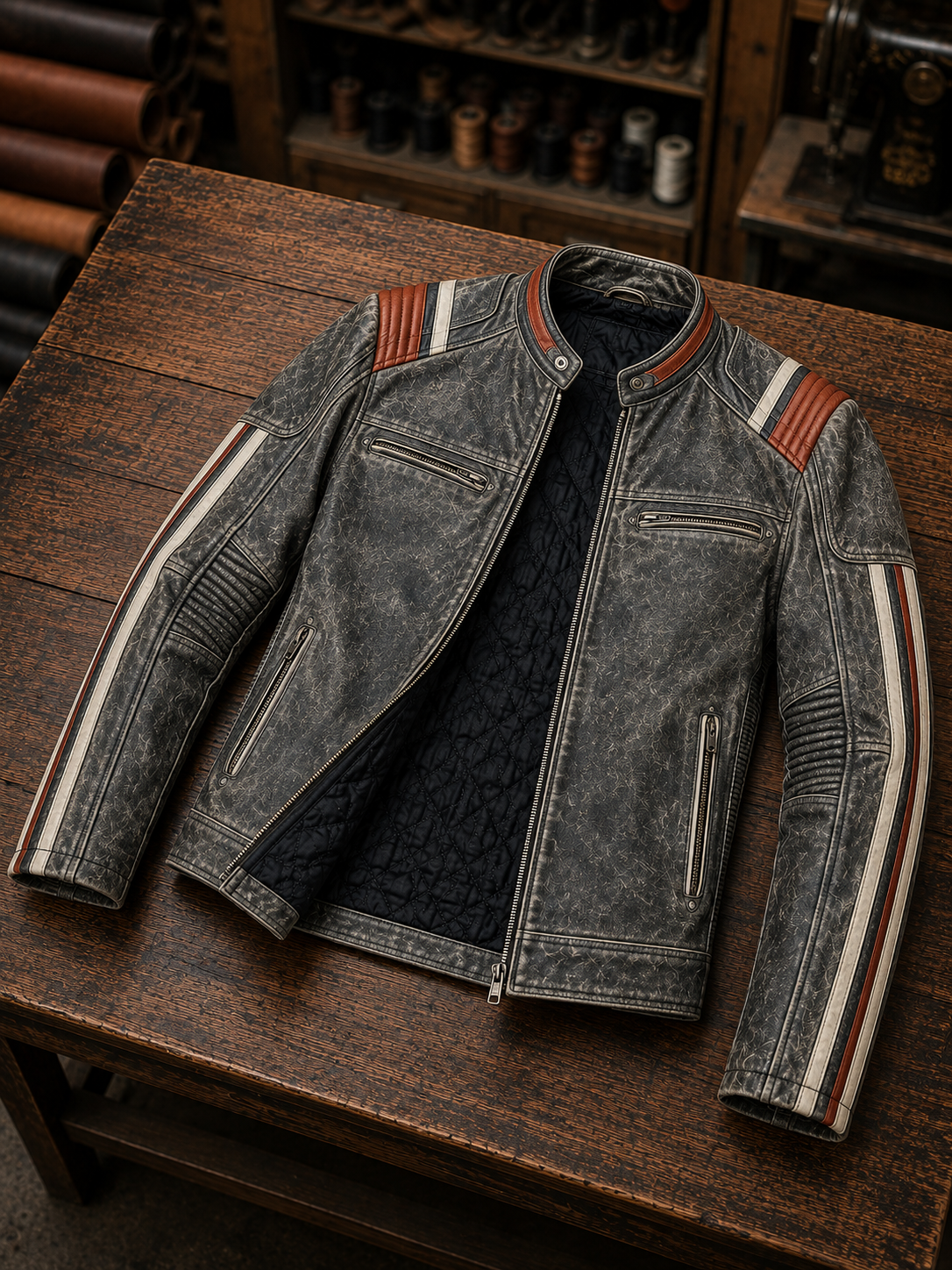 Black Distressed Racer Leather Jacket for Men