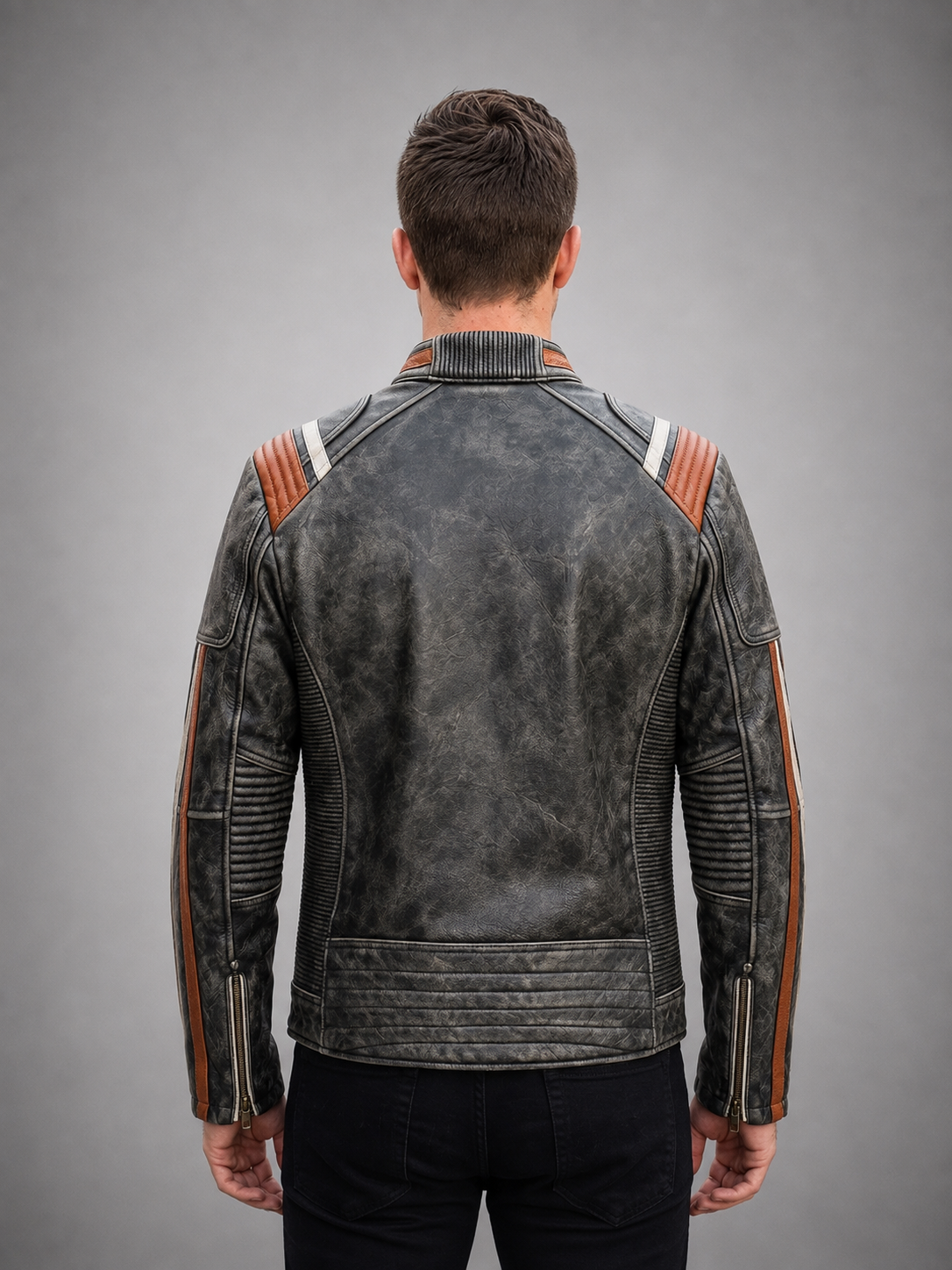 Black Distressed Racer Leather Jacket for Men