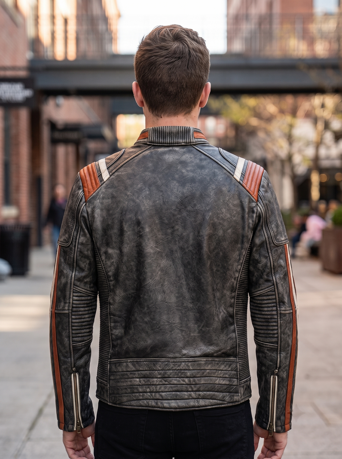 Black Distressed Racer Leather Jacket for Men