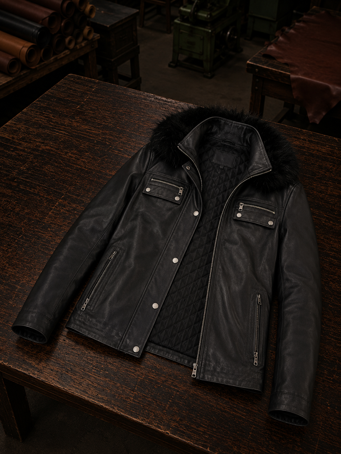 Black Edith Fur Hood Leather Jacket For Women