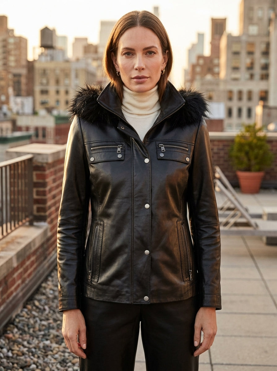 Black Edith Fur Hood Leather Jacket For Women