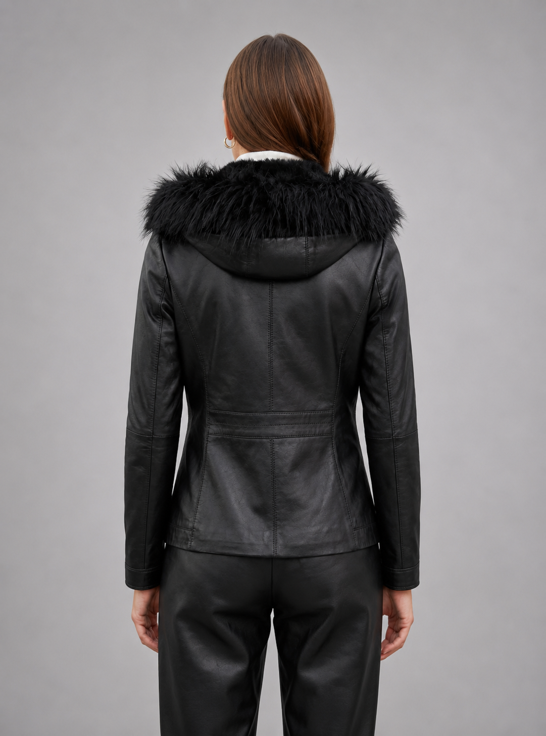 Black Edith Fur Hood Leather Jacket For Women