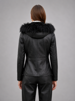 Black Edith Fur Hood Leather Jacket For Women