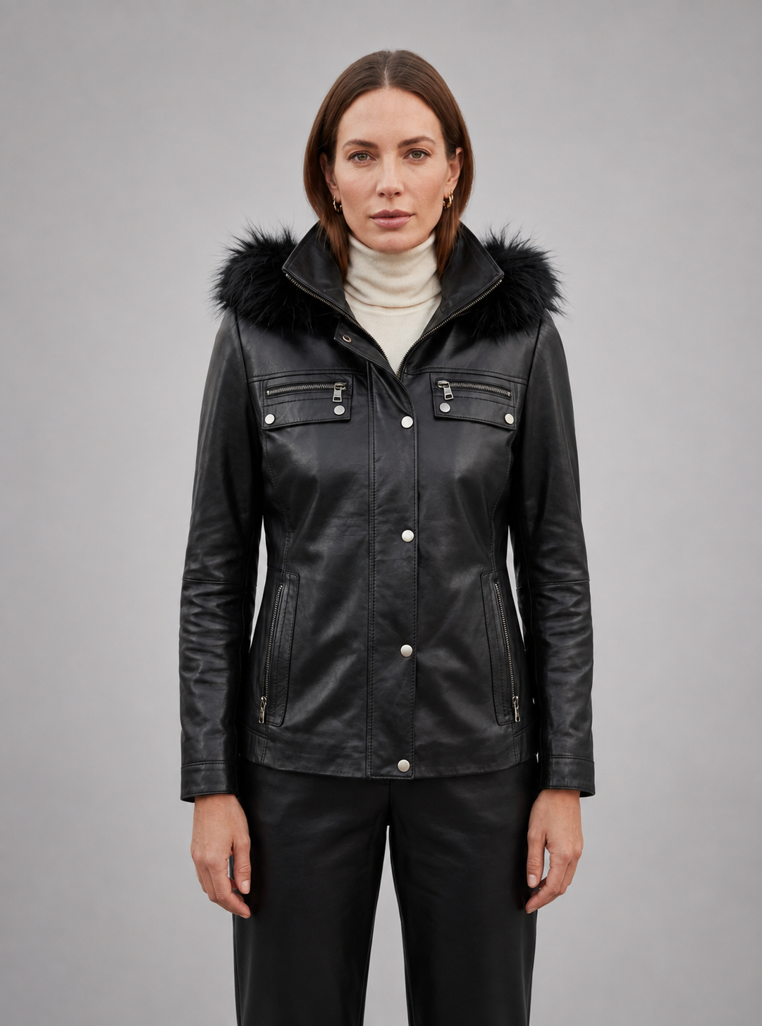 Black Edith Fur Hood Leather Jacket For Women