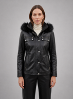 Black Edith Fur Hood Leather Jacket For Women