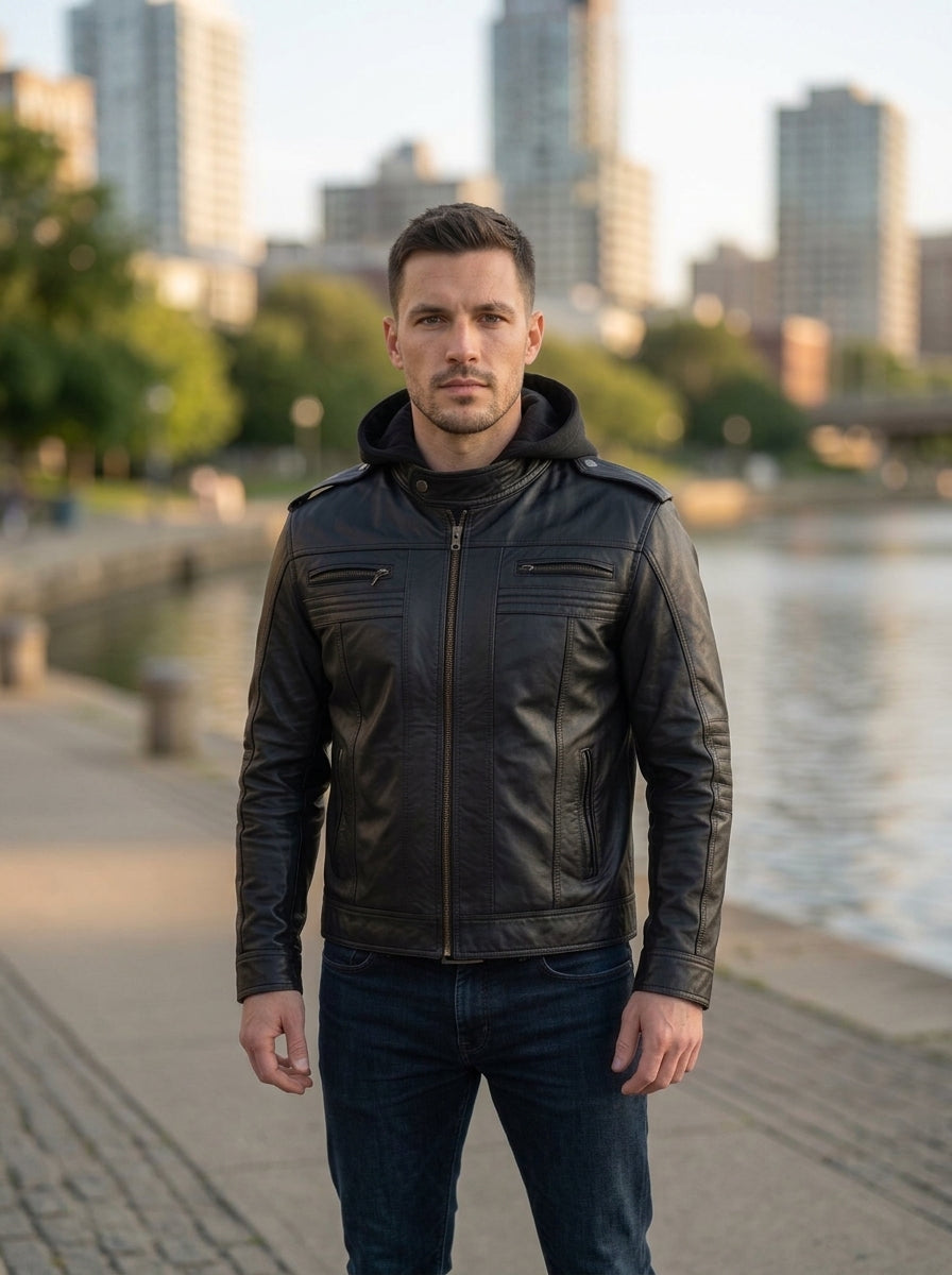 Black Leather AJ Style Wrestler WWE Hoodie Men's Jacket