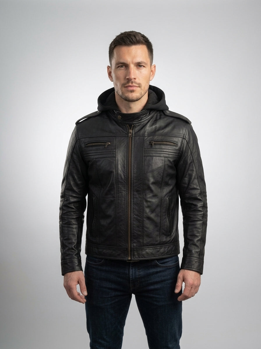 Black Leather AJ Style Wrestler WWE Hoodie Men's Jacket