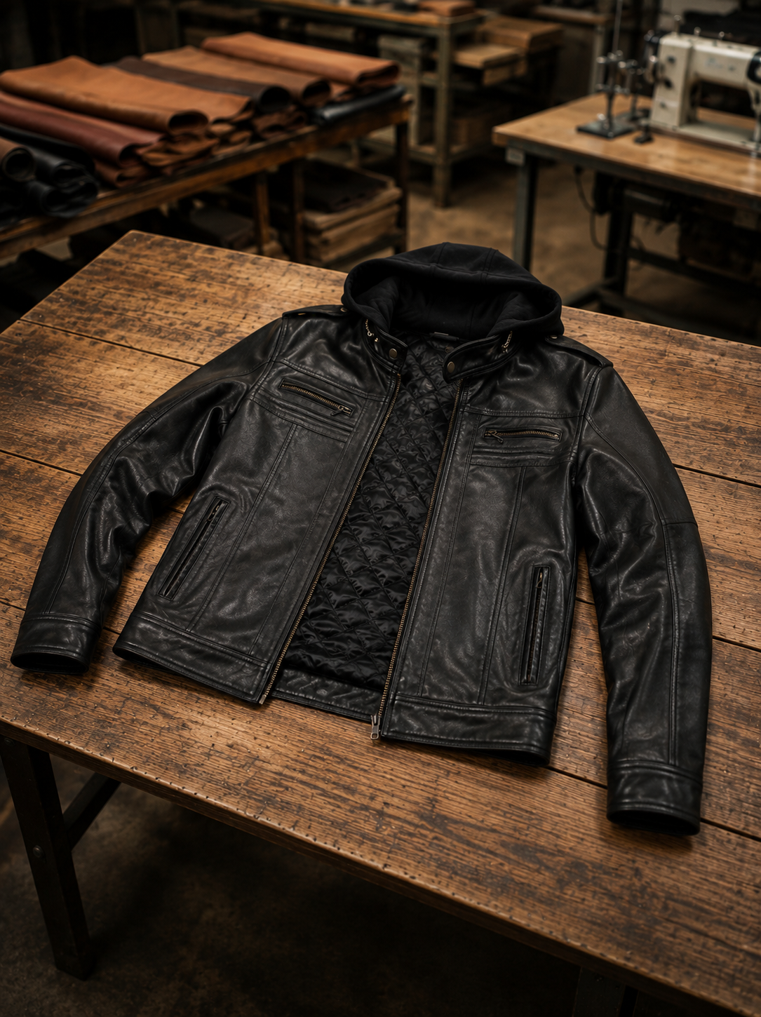 Black Leather AJ Style Wrestler WWE Hoodie Men's Jacket