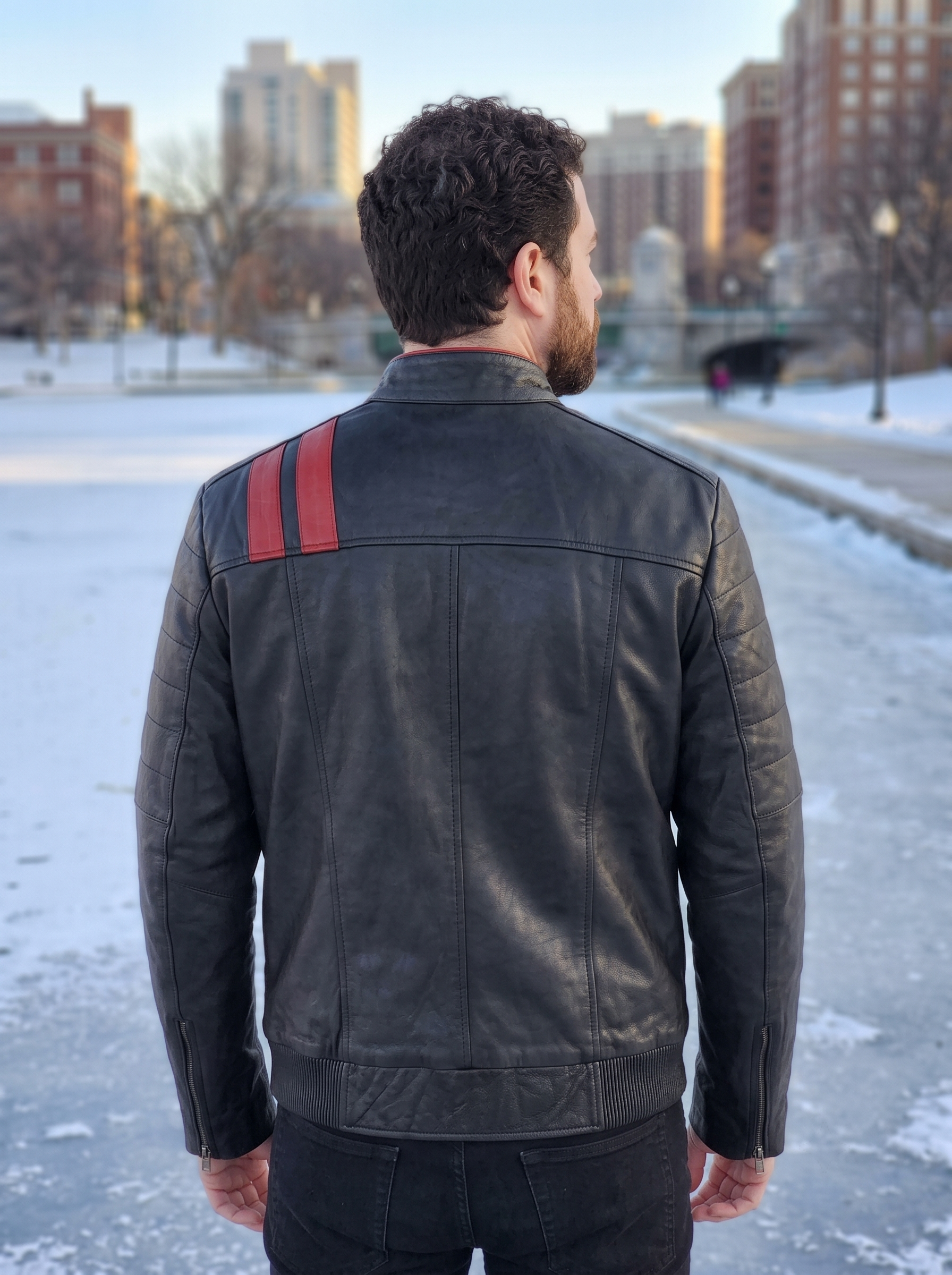 Black Leather Jacket With Red Stripe For Men