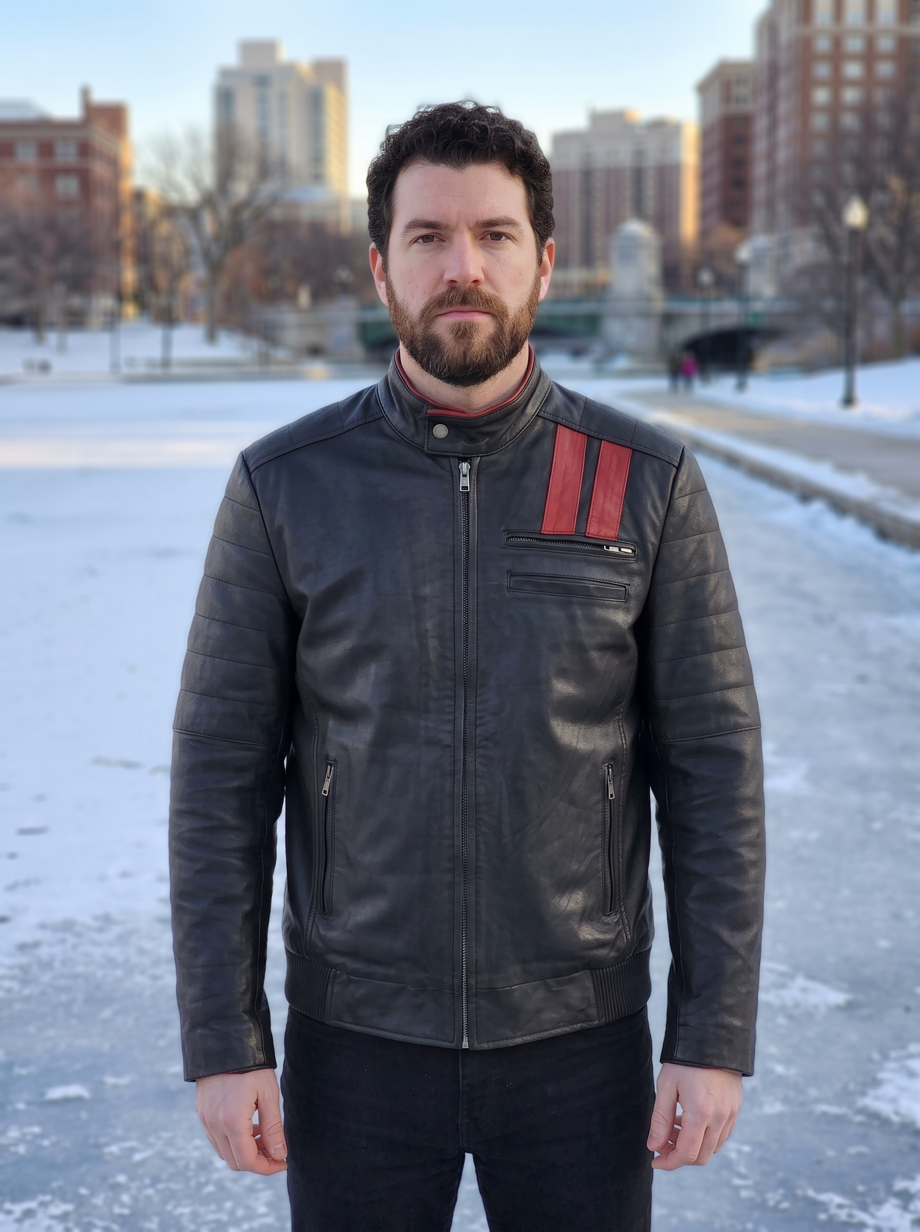 Black Leather Jacket With Red Stripe For Men