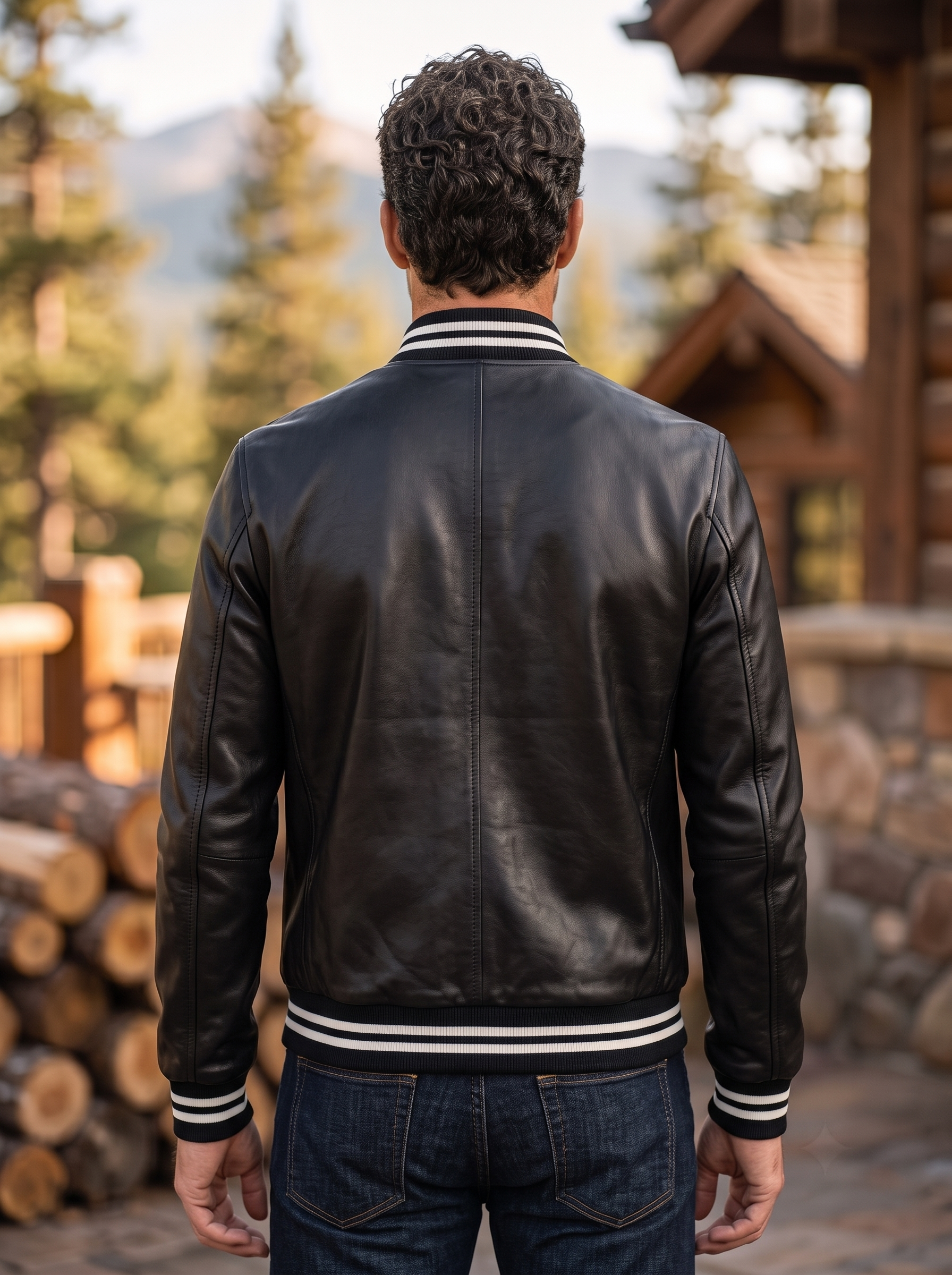 Black Slim Fit Bomber Leather Jacket For Men