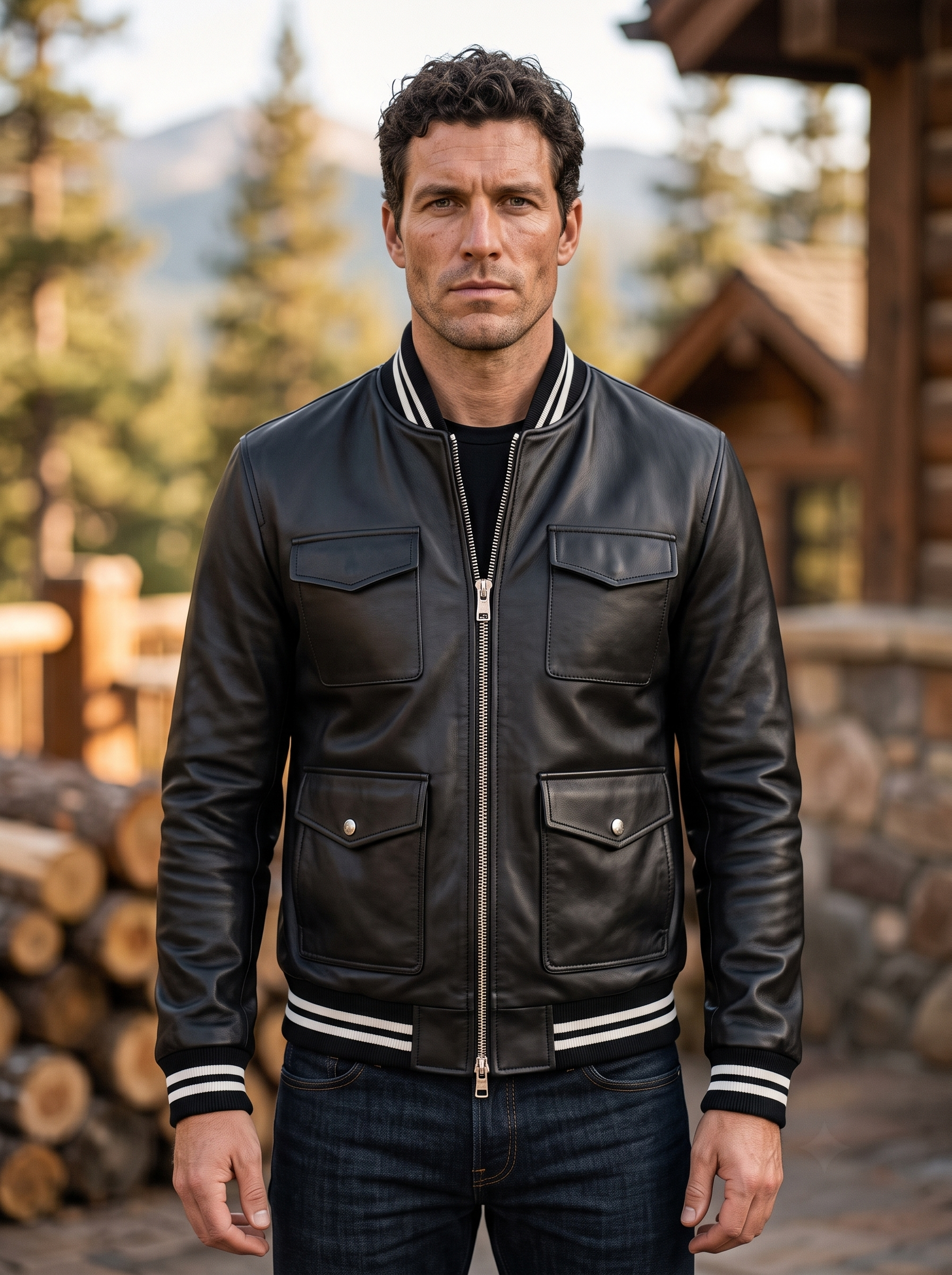 Black Slim Fit Bomber Leather Jacket For Men