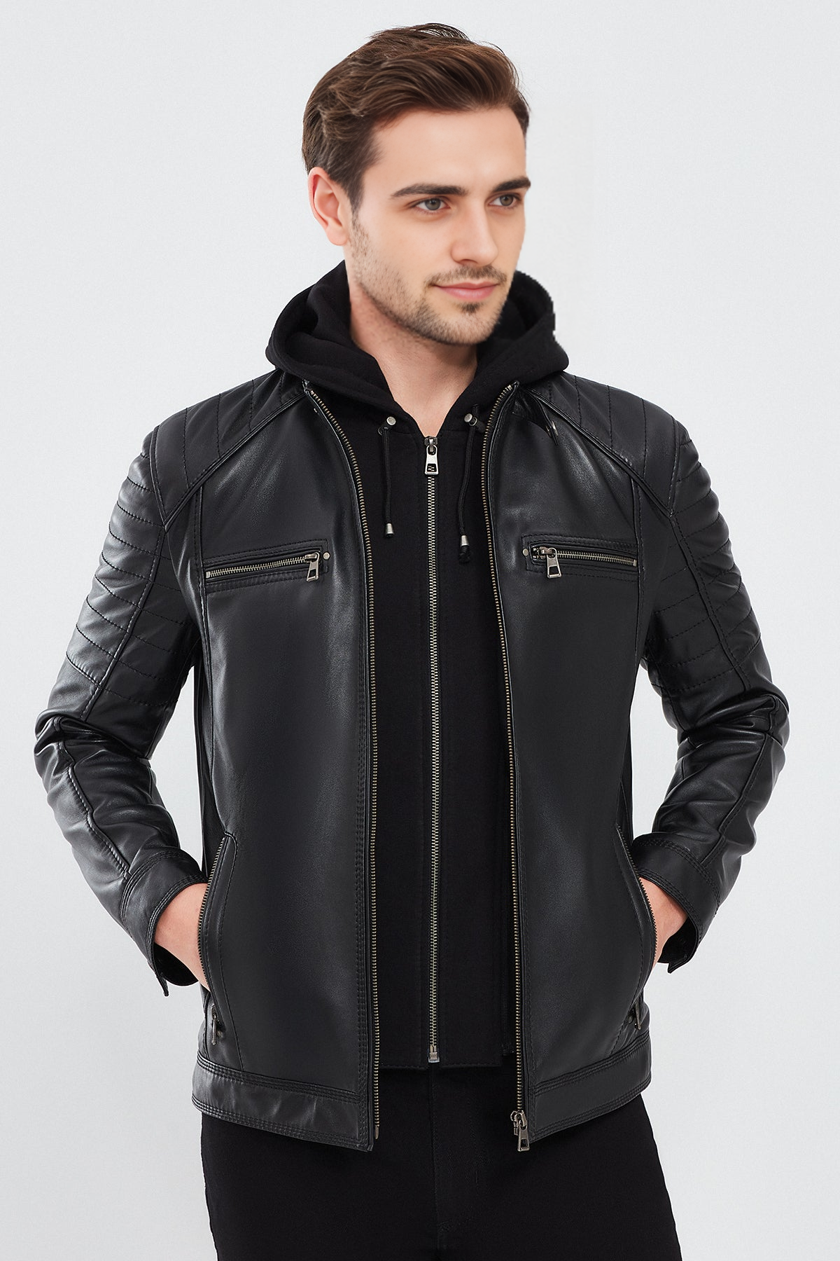Black Sports Hooded Leather Jacket For Men
