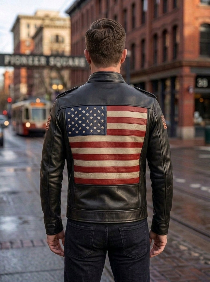 Black Stylish American Flag Leather Jacket For Men