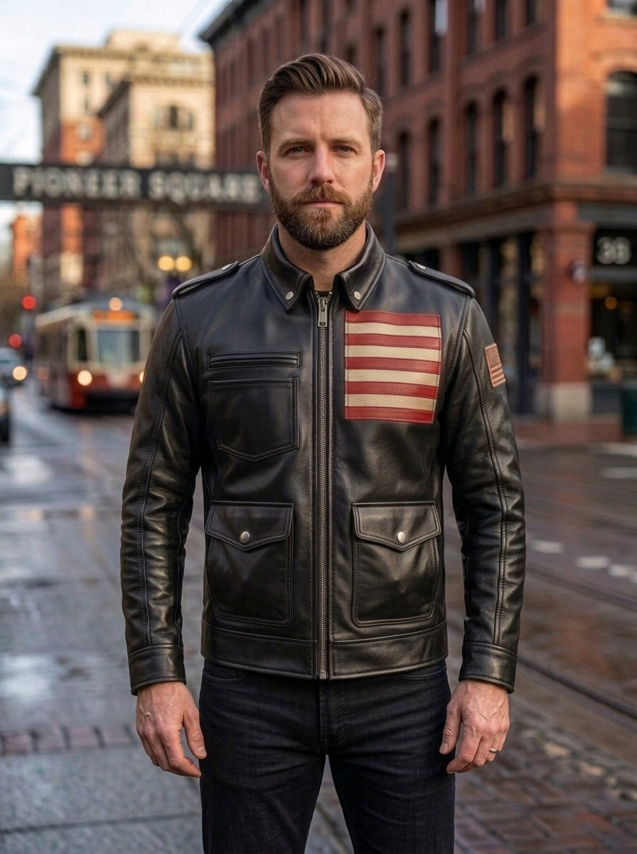 Black Stylish American Flag Leather Jacket For Men