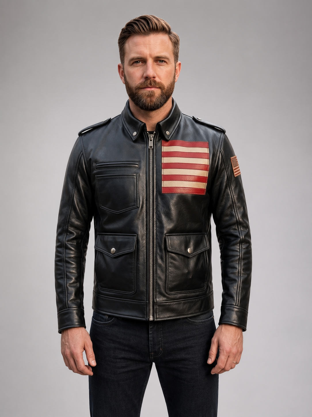 Black Stylish American Flag Leather Jacket For Men