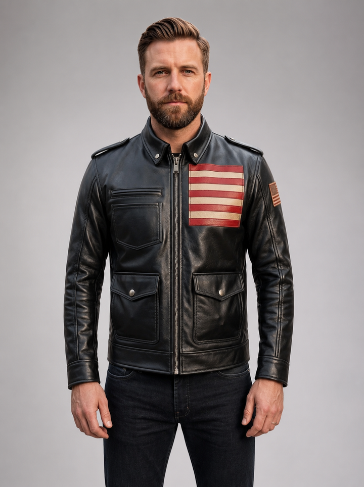 Black Stylish American Flag Leather Jacket For Men