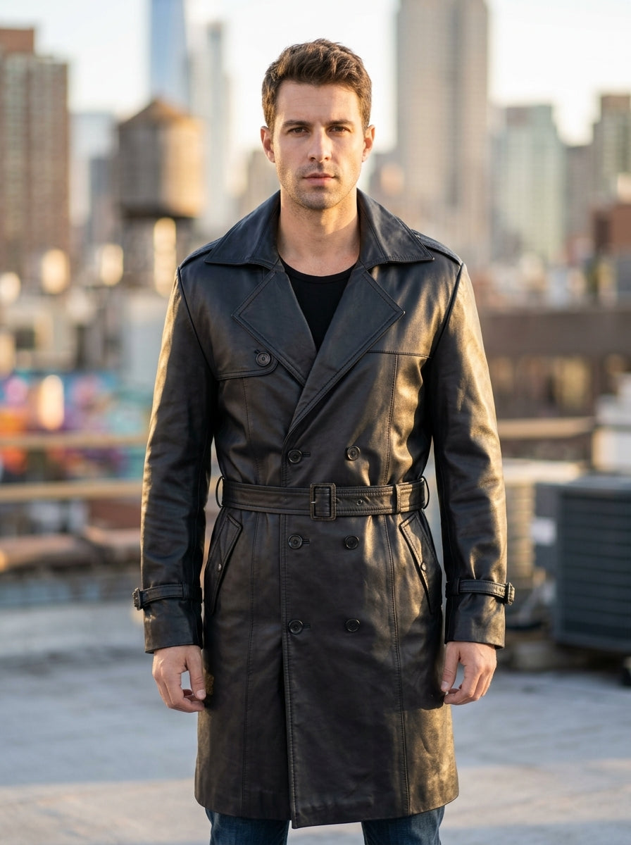 Black Trench Distressed Leather Coat For Men