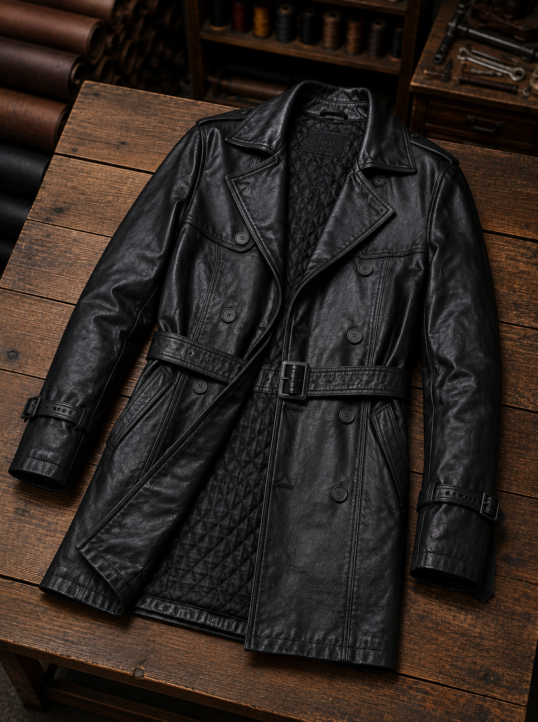 Black Trench Distressed Leather Coat For Men