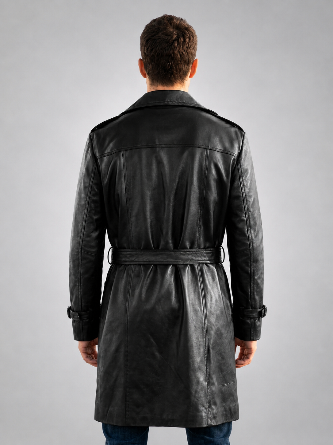 Black Trench Distressed Leather Coat For Men