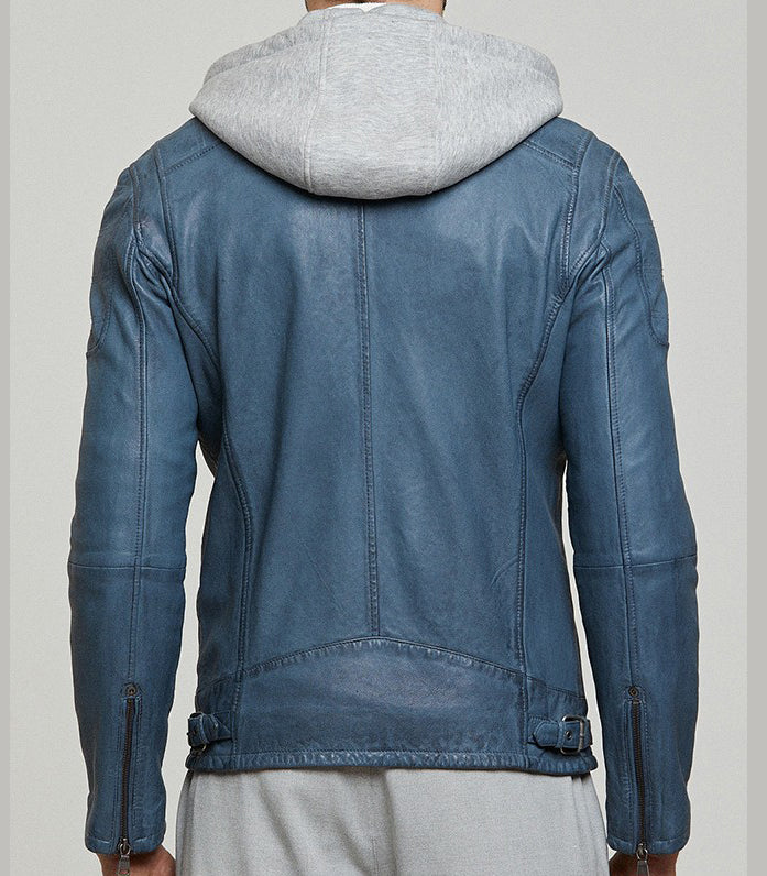 Leonard Blue Leather Jacket With Hood For Men