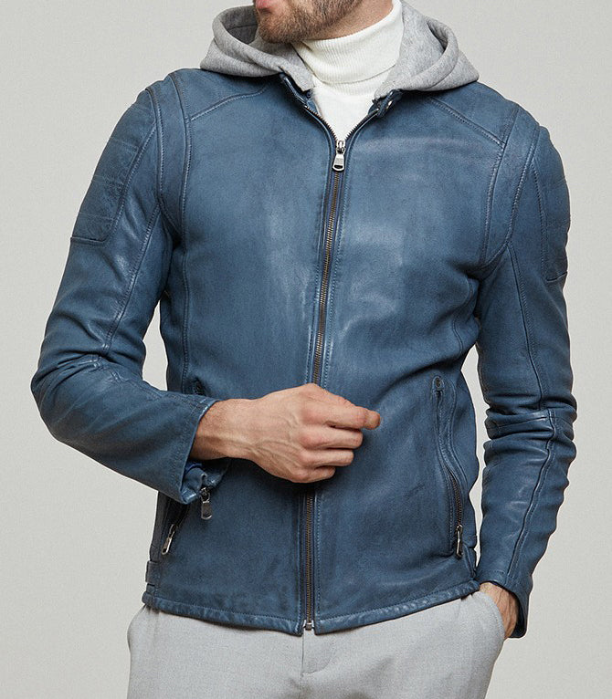 Leonard Blue Leather Jacket With Hood For Men