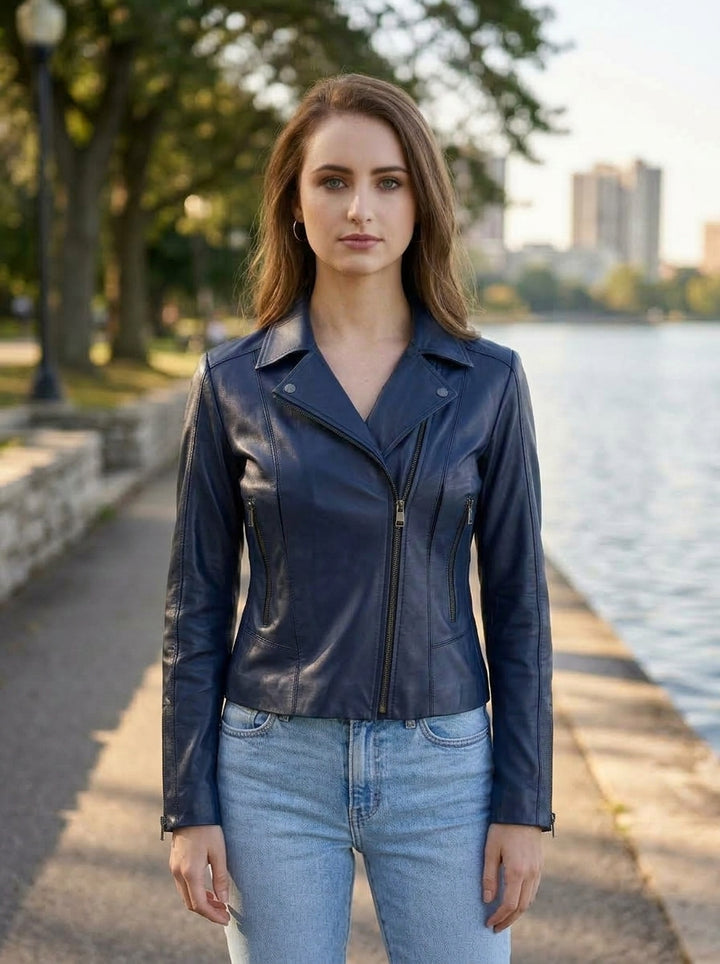 Blue Motorcycle Leather Jacket For women