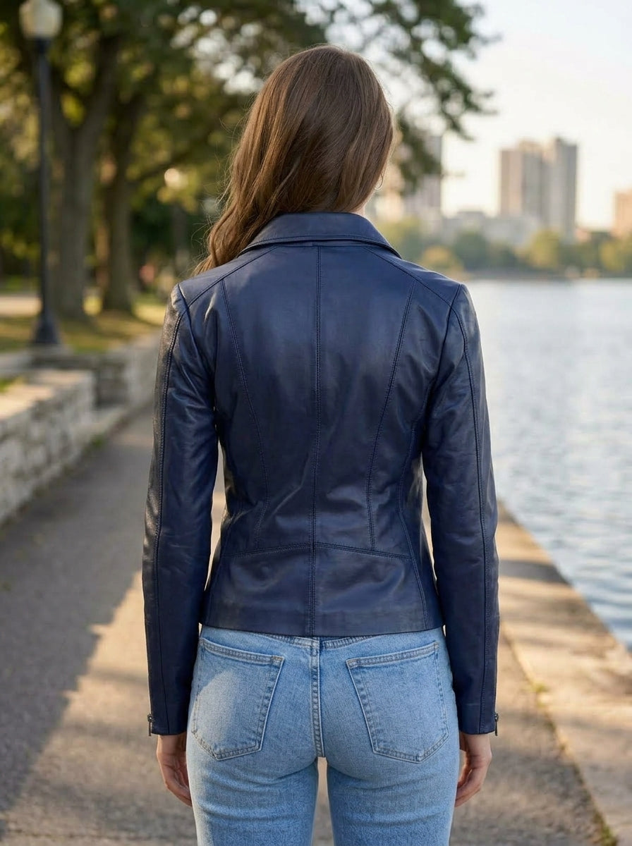 Blue Motorcycle Leather Jacket For women